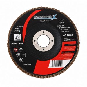 5” x 7/8” (125x22.2mm) – 40 GRIT, T29 (Angled Face) – Zirconia High Density Flap Disc
